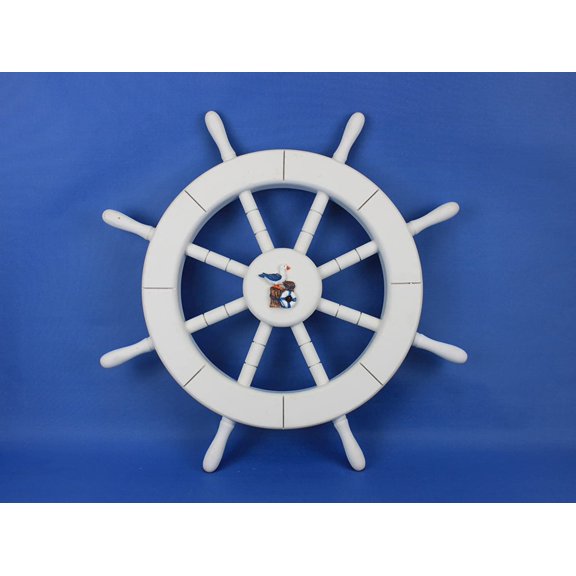White Ship Wheel with Seagull and Lifering 18" - Ship Wheel Decoration