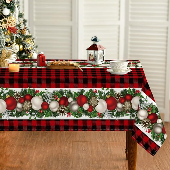Christmas Tablecloth 60×84 Inch, Christmas Ball Ornaments Red Bufalo Plaid Washable Table Cover for Party Picnic Dinner Decor