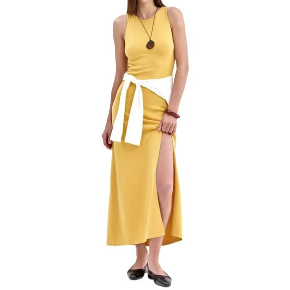 Women'S Summer and Autumn Long Elegant Versatile Slit Tight Sleeveless Dress Yellow L
