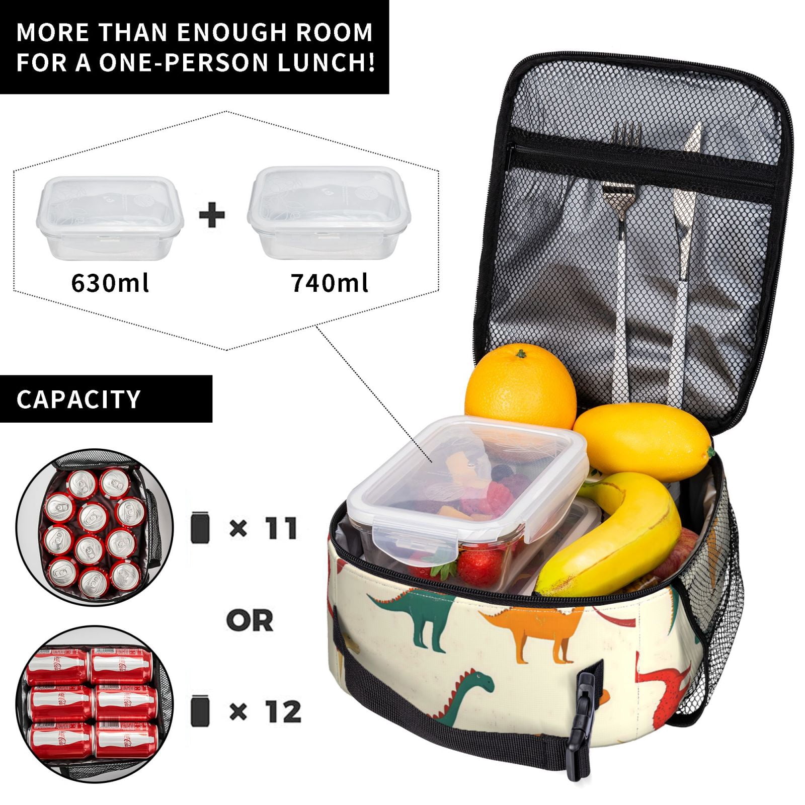 Lunch Bag For Women Men Insulated Portable Lunch Box Bento Box Office Picnic Travel Cooler Bag Multicolored Dinosaurs