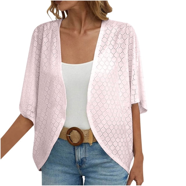Cardigans à Œillets pour Femmes, Manches Mi-Longues, Ouvert à l'Avant, Léger, à Volants, Décontracté