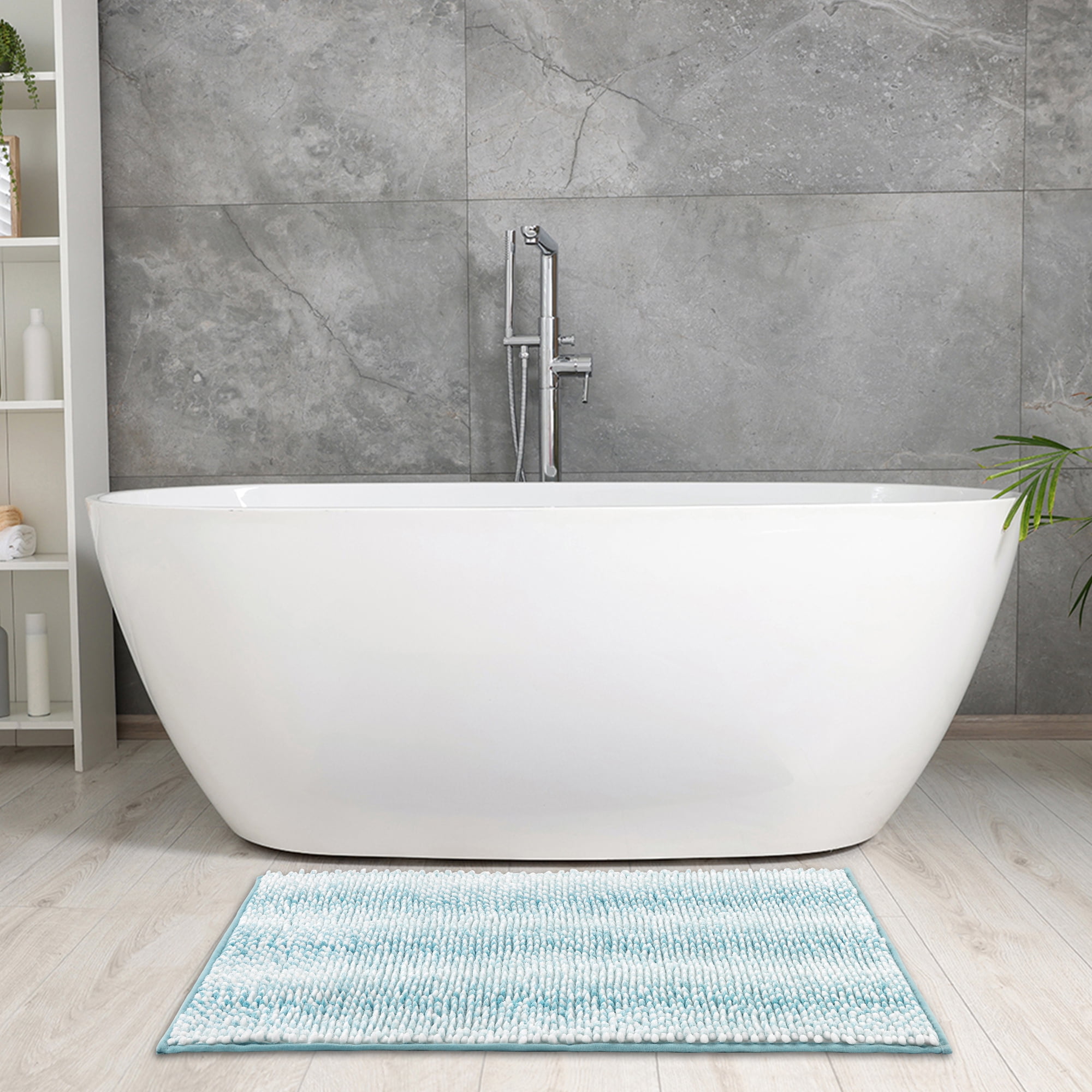 Unique Bargains Chenille Bathroom Rug Absorbent Non-Slip Striped Plush Shaggy Bath Rugs Lake Green 20" x 32"