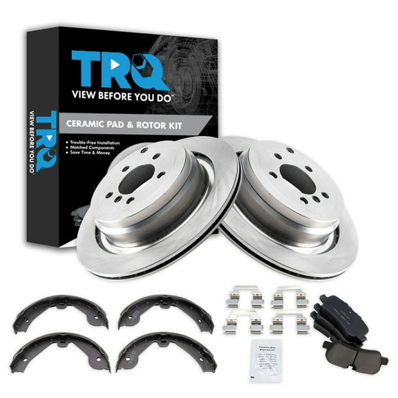 TRQ Rear Brake Pad & Rotor Kit Brake Pads Brake Rotor Parking Brake Shoe Set Ceramic Fits Select 2006-2009 Land Rover Range Rover