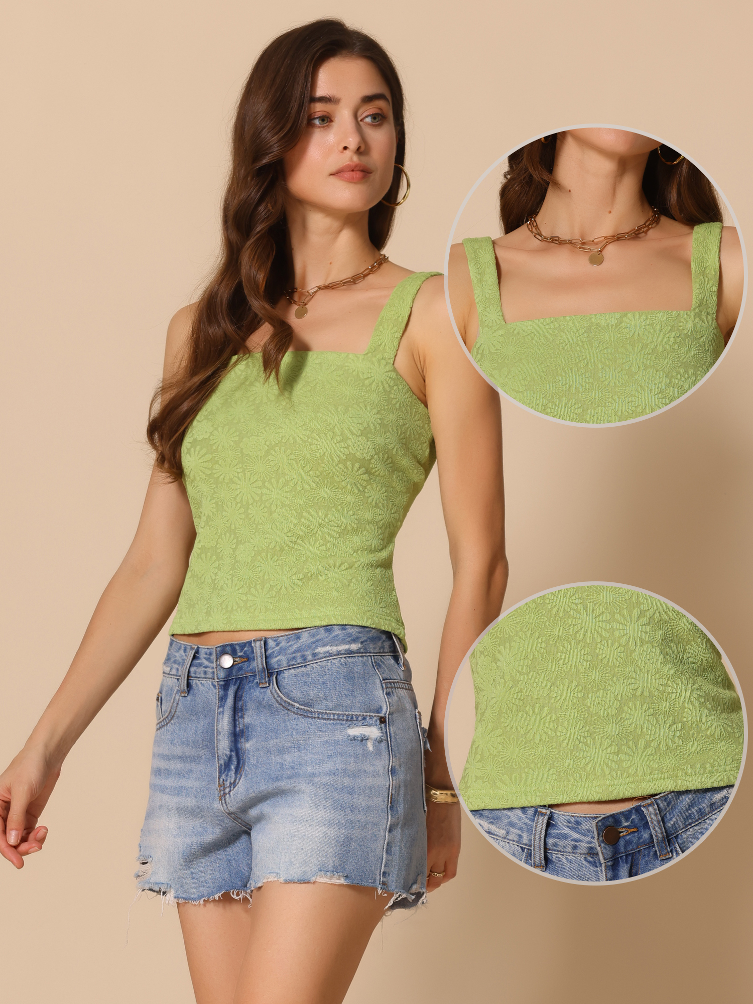 DARING DIVA Women's Wide Strap Lettuce Floral Trim Crop Cami Tops XS Avocado Green