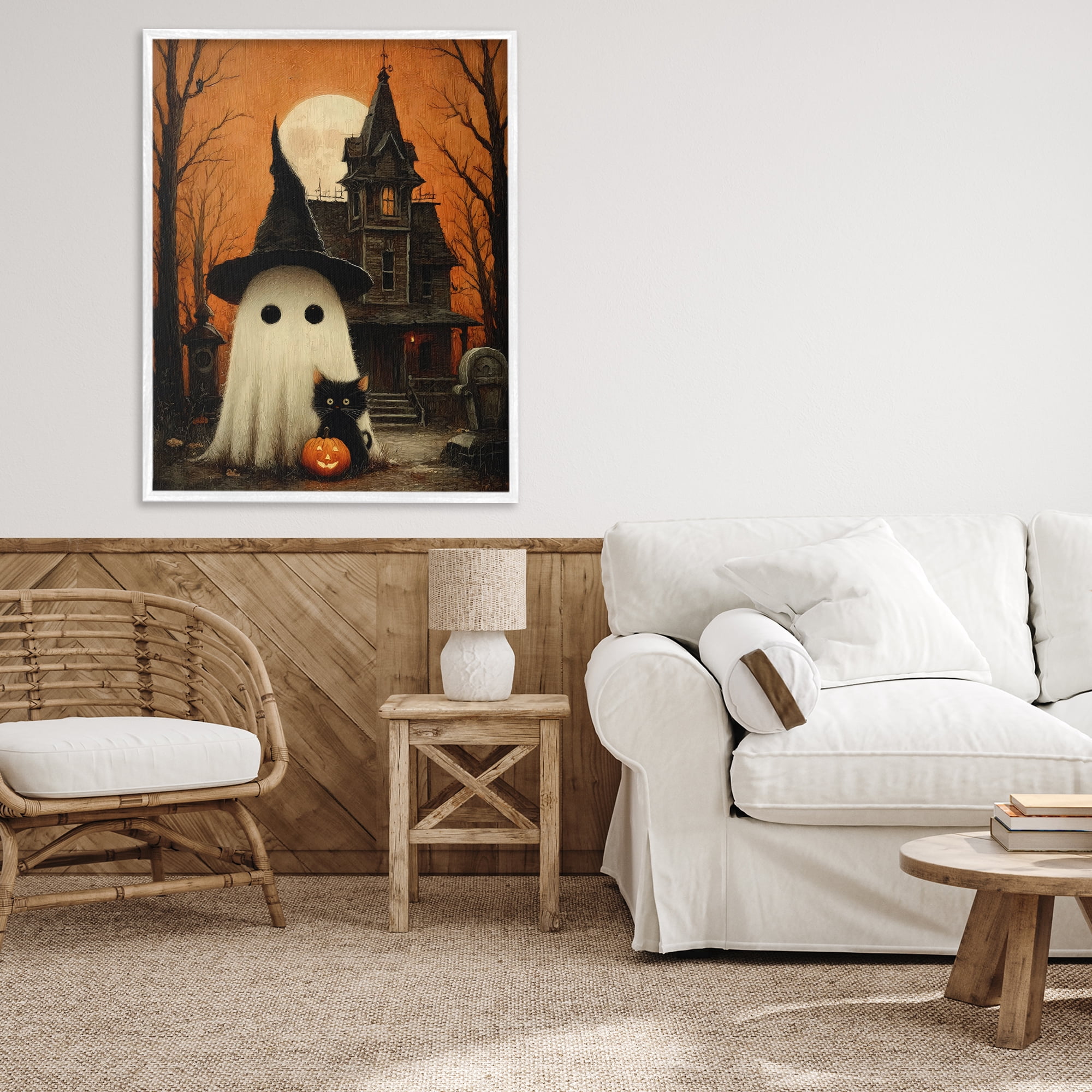 Cute Ghost & Haunted House White Framed Giclee Art, design by Arlington Prints