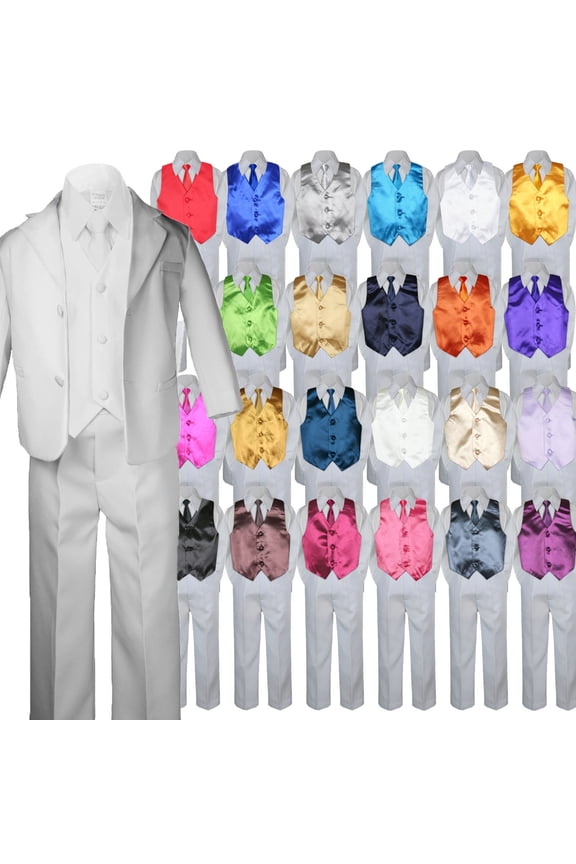 7pc Boy Kid Teen Formal Wedding Party White Tuxedo Suit Satin Vest Necktie 8-20
