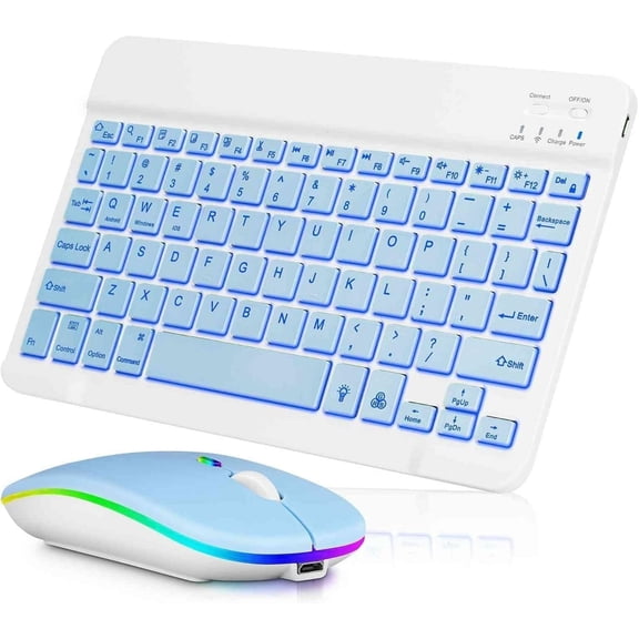 GJX Sc Rechargeable Bluetooth Keyboard&Mouse Combo-7-Color Backlit Ultra-Slim Portable Compact Wireless Mouse Keyboard Set for Android Windows Tablet Cell Phone Ipad 13&Above-Blue