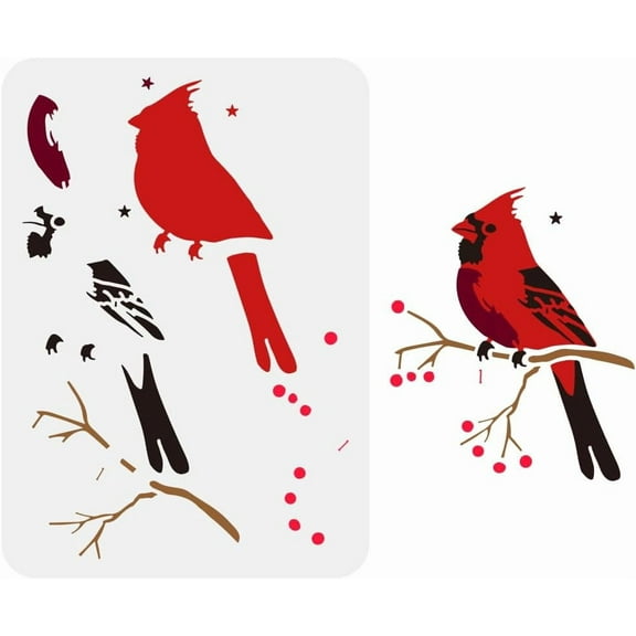 Layered Cardinals Stencil for Painting 8.3x11.7inch Hollowed Birds Branches Drawing Template Plastic PET Stars Berries Pattern Painting Stencil Animal Theme Template for Home Decor Mixed Color