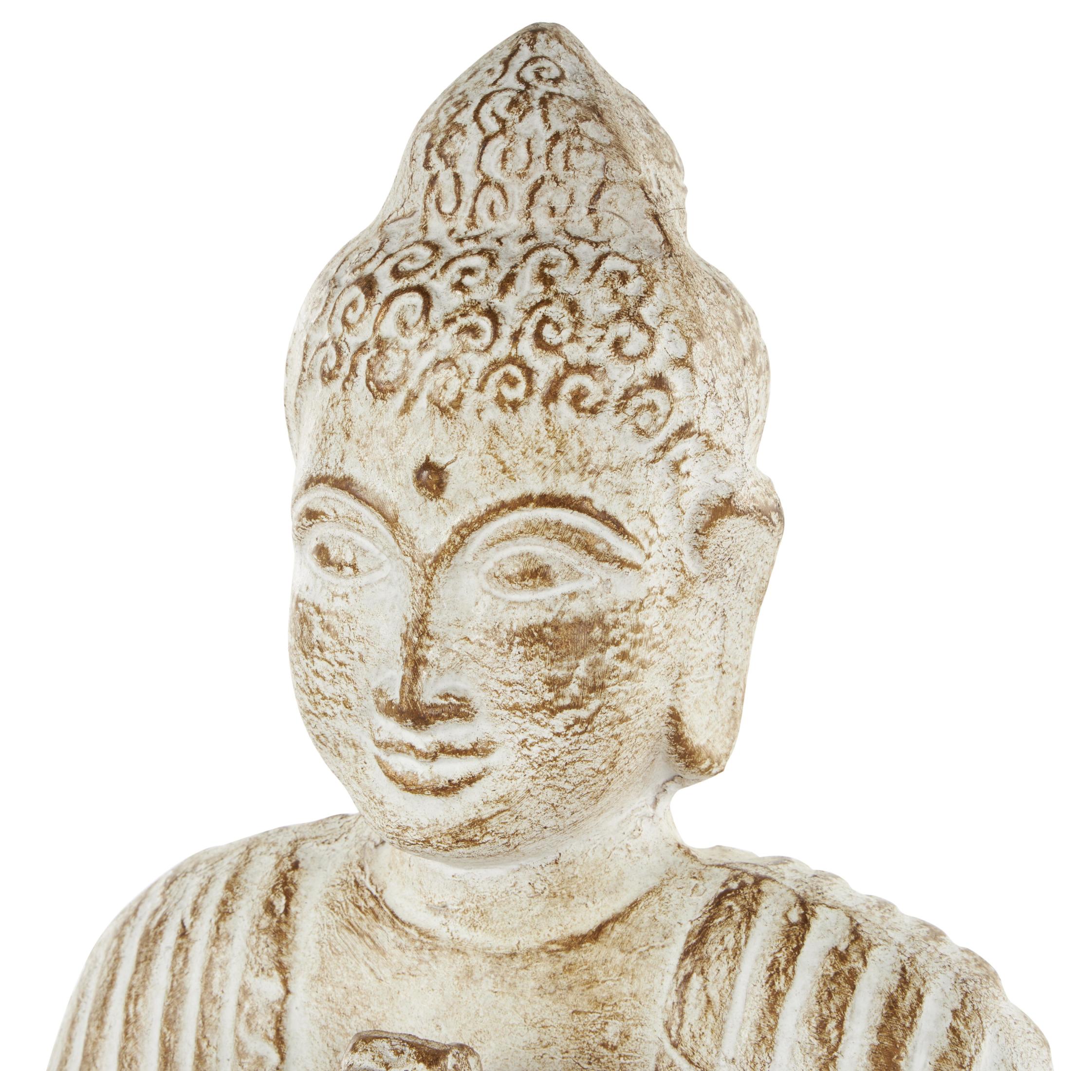 13" x 16" Cream Paper Mache Handmade Carved Buddha Sculpture with Brown Distressing, by DecMode