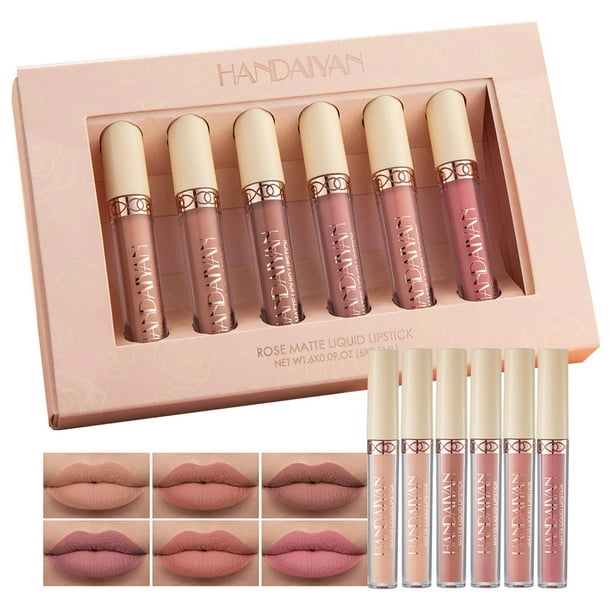 XWSHYW Lápiz Labial de Juego de Lápiz Labial Líquido con Brillo de Labios Rosa Mate Antiadherente, Esmalte de Labios Mate, Vaso Antiadherente, 2,5 Ml * 6