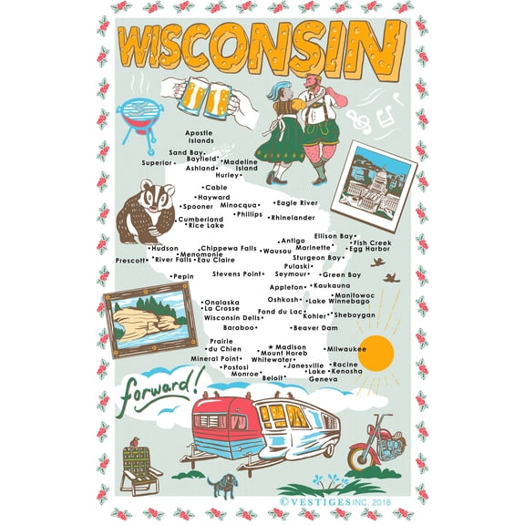 Vestiges Wisconsin State Icons Souvenir Tea Towel 21.5" x 32" Eco-Friendly