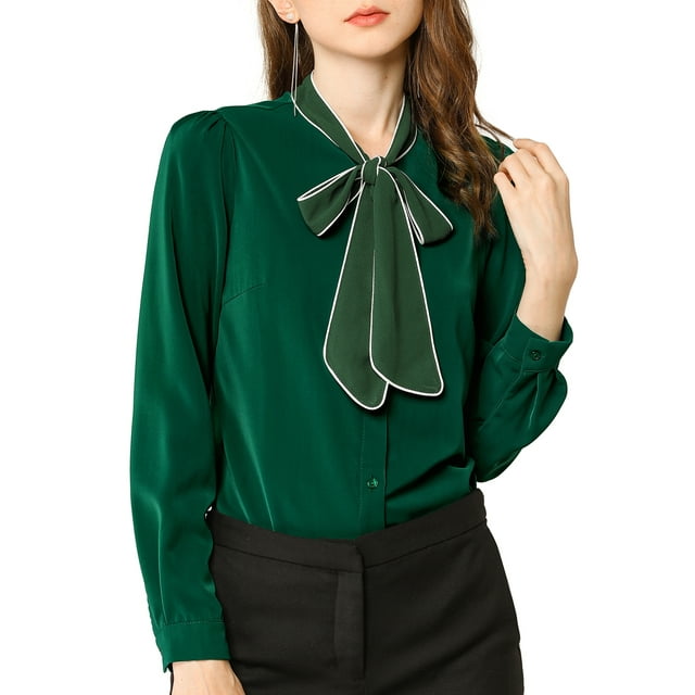 INSPIRE CHIC Blouse Chemise à Manches Longues de Travail pour Femme à Col Noué Boutonnée TP Vert