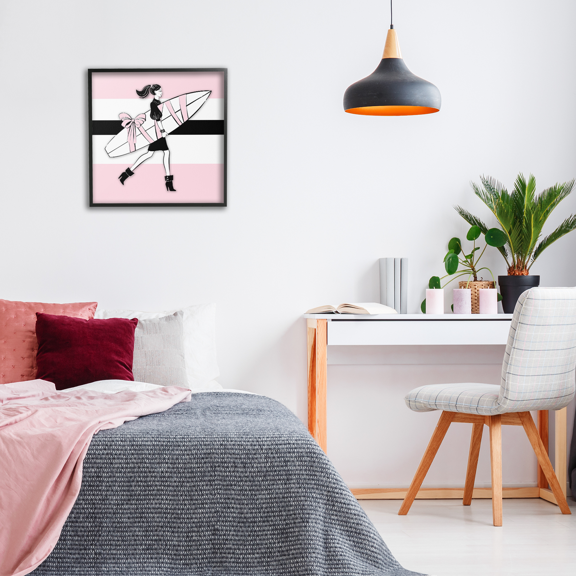 Stupell Industries Glam Girl With Surfboard Novelty Painting Black Framed Art Print Wall Art, 24 x 24