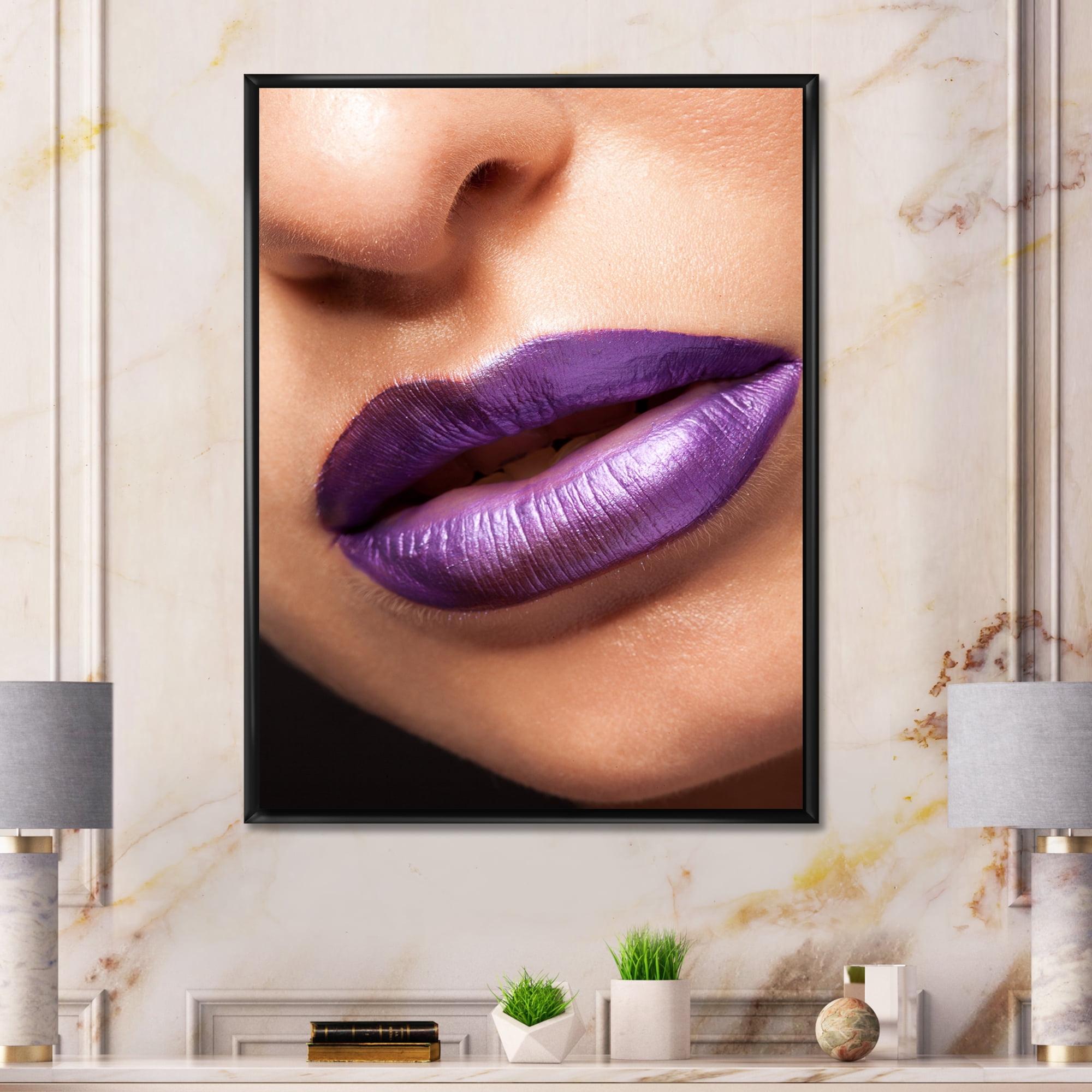 Close Up View of Girl Lips With Purple Lipstick 30 in x 40 in Framed Photography Canvas Art Print, by Designart
