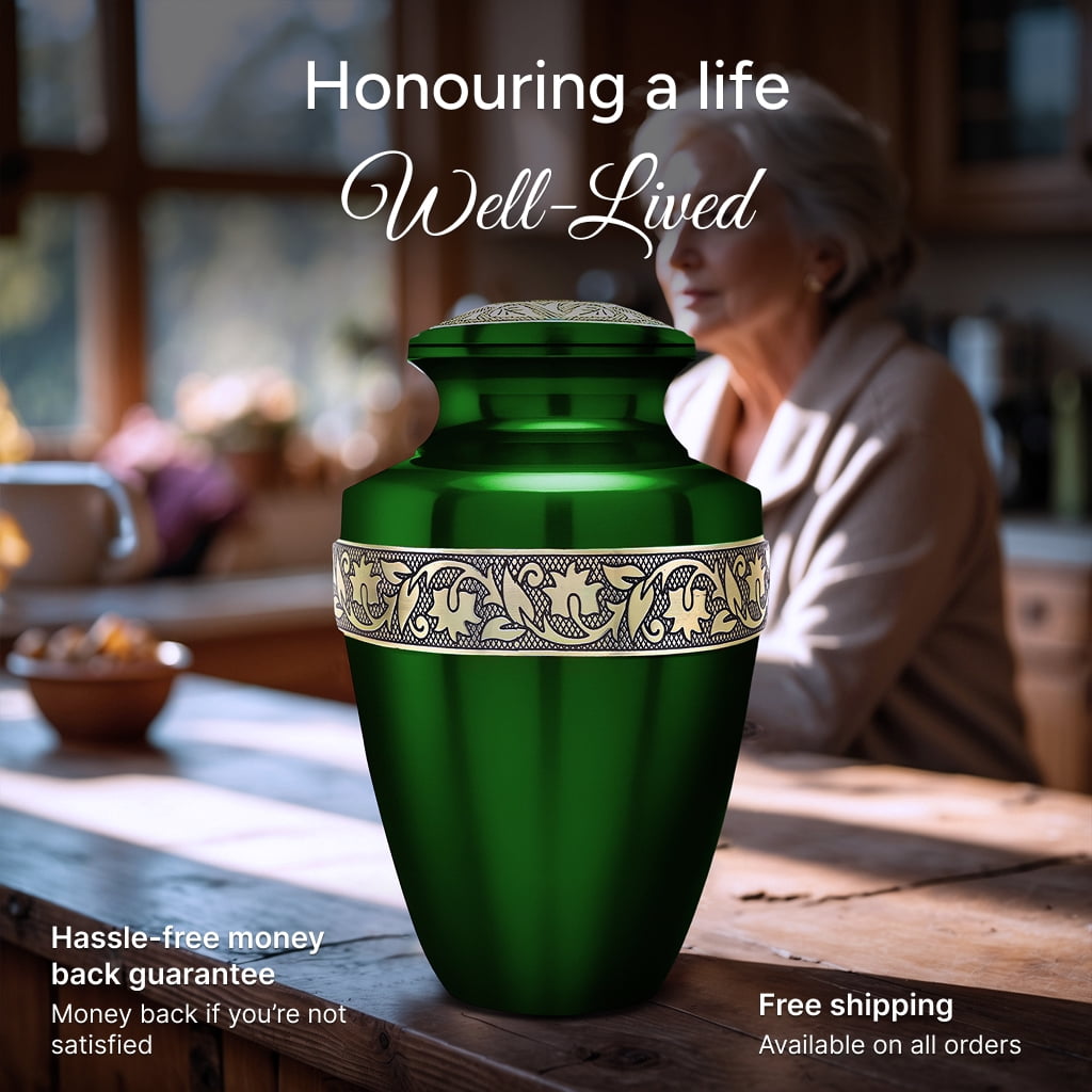 Set of 6 Green & Gold Grecian Cremation Urns for Cremation Ashes – 1 Large Adult Urn, 4 Keepsake Urns & 1 Necklace Urn, Handcrafted Memorial Tribute