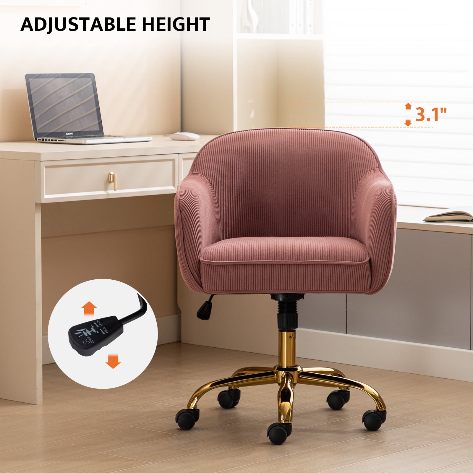 BRILHAMEZ Velvet Office Chair, Ergonomic Desk Chair with Adjustable Height, 360° Swivel, Padded Armrests for Home Office, Pink