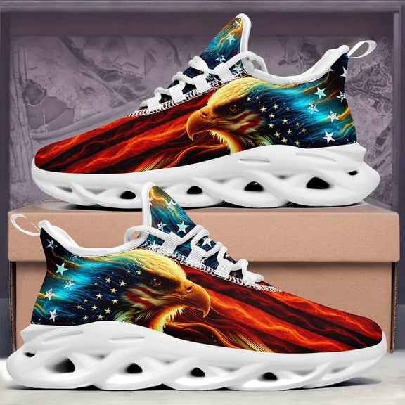 Coolcustomize Women's Plus Size Patriotic American Flag & Eagle Graphic Sneakers - Vibrant Red, White & Blue Design, Breathable MD Fabric, Comfortable Lace-Up Low-Top Blade Sole for Outdoor Trainers