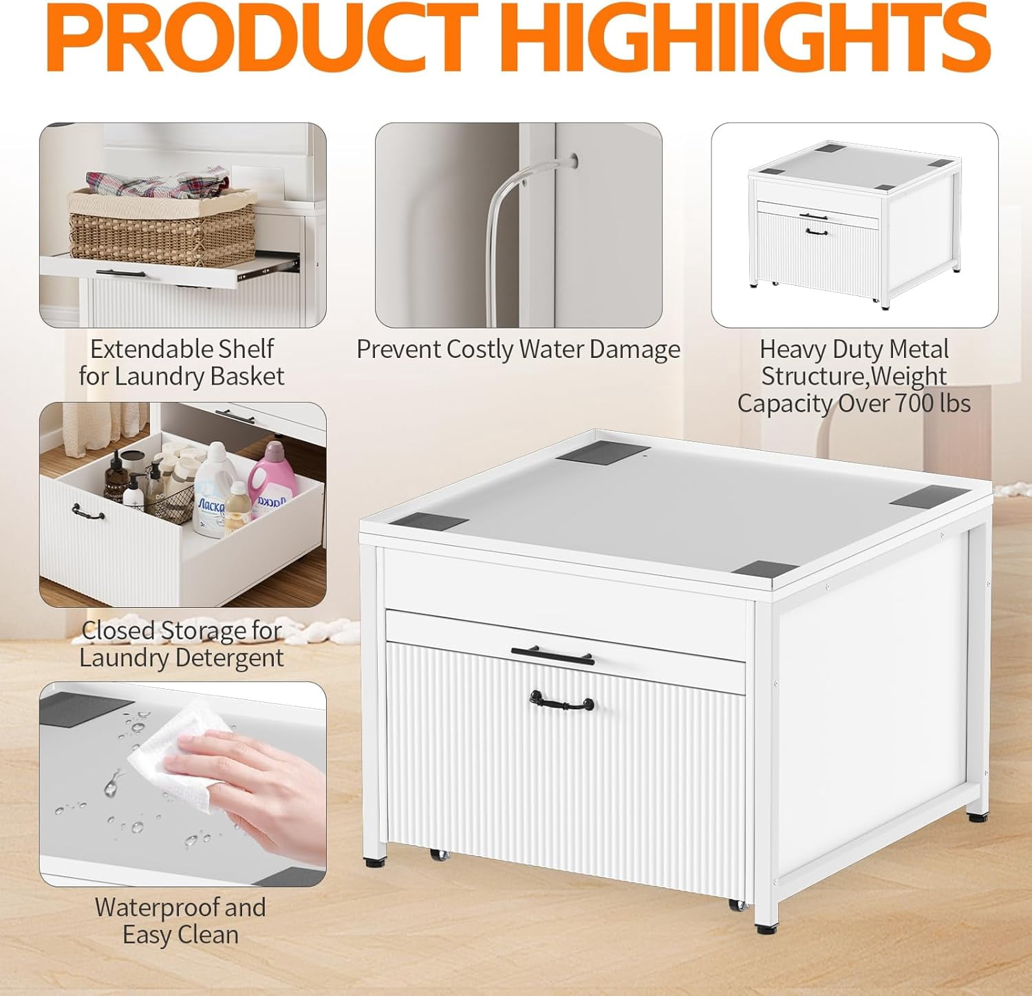 PAKASEPT Washer and Dryer Pedestals with Drawer, 29" Laundry Pedestal  for Washer and Dryer Stand, Heavy Duty Shock-Proof Washer Stand,with Pull-Out Shelf Hidden Storage Drainage,White