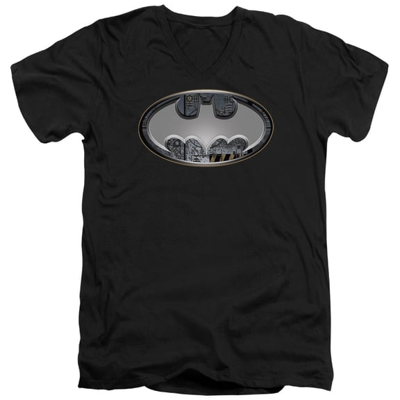 Batman Steel Wall Shield S/S Adult V-Neck T-Shirt Black
