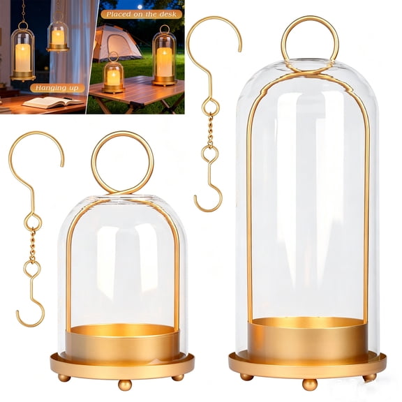 5" & 4" Wide Versatile Metal Candle Holder, Set of 2 Metal Candle Holder with Handmade Sturdy Glass Dome, Candle Lantern for Pillar Candles, Plants, Table Centerpiece, Home Decor