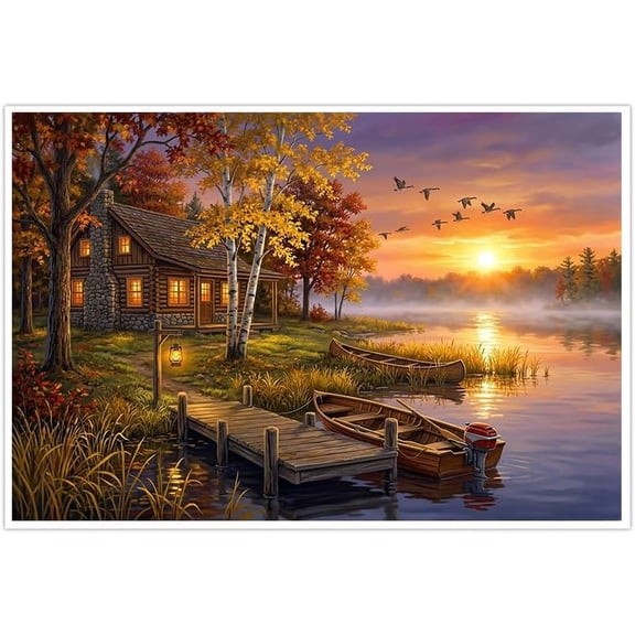 Rustic Autumn Lake Cabin Canvas Wall Art Sunset Scenery with Boats and Geese Pictures Fall Landscape Wall Decor for Living Room Bedroom Home Office Lodge Decor