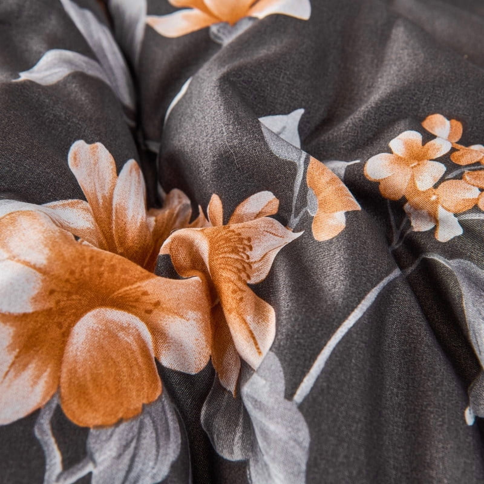 Koniroom 3Pcs Dark Grey Floral Comforter Set Queen Size – Reversible Blossom Bedding with Orange Flower Blooms, Modern Glam