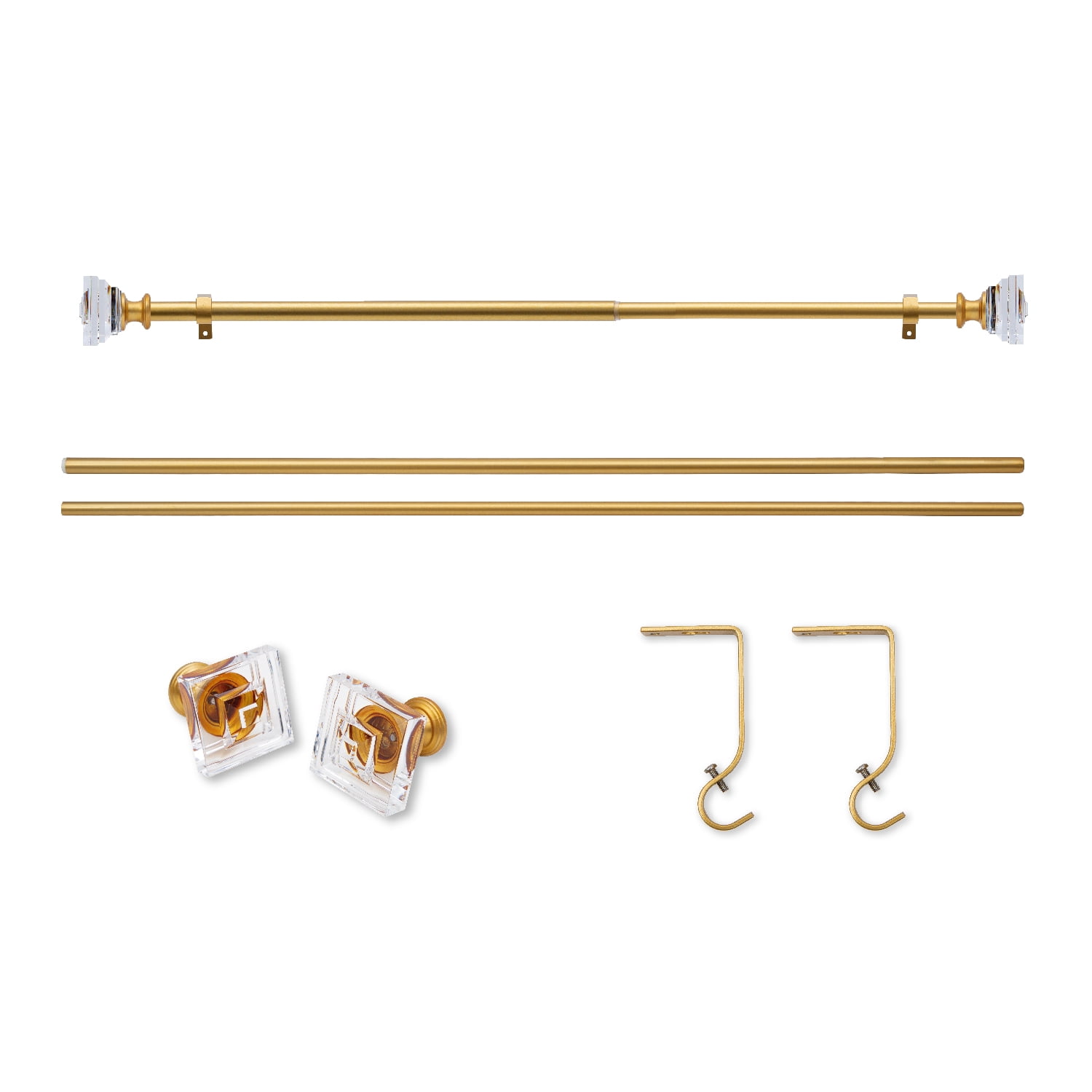Curtain Rod Adjustable Window Drapery Rods with clear acrylic plexiglass square finials, 3piece brackets, hardware kits. Gold 28-48 inches.