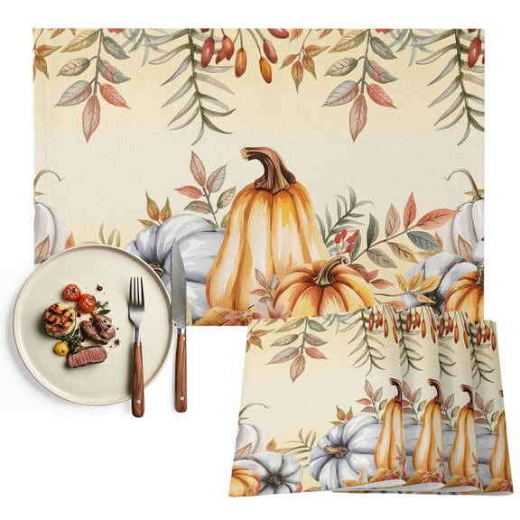 Fall Pumpkin Placemats Set of 8 Autumn Leaves Thanksgiving Harvest Orange Ombre Heat Insulated Linen Place Mats, Washable Stain-Proof Table Mats for Dining Tables Holiday Decor 13x19inch