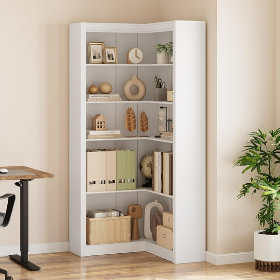 Towallmark Corner Bookshelf, 71.8'' Farmhouse Corner Bookcase, L-Shaped Bookshelf Large Bookcase, 5 Tier Display Shelf Heavy Duty Bookcases, Bookshelves with Storage