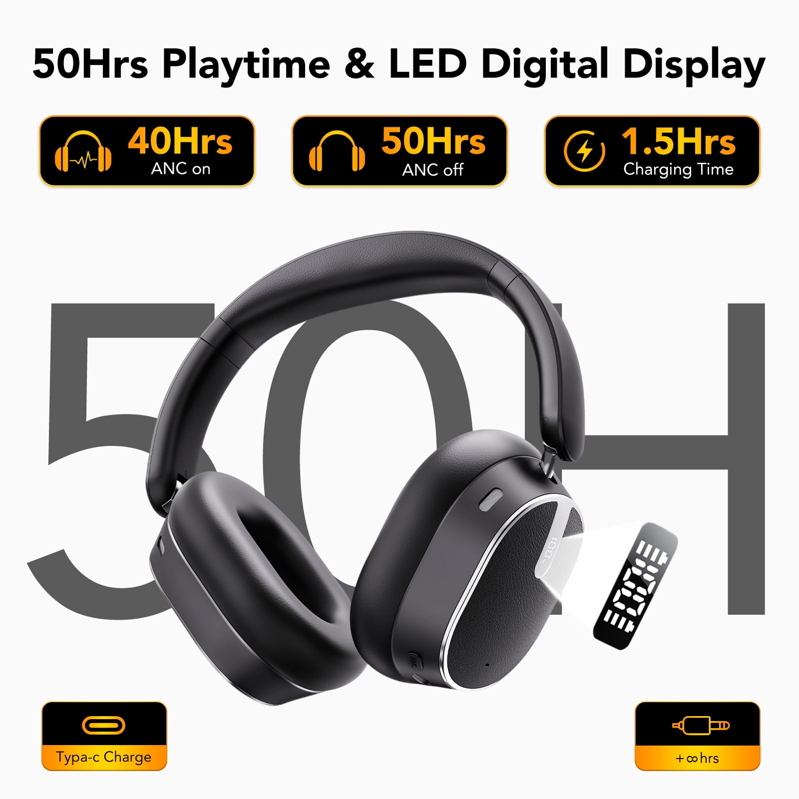 -53dB Hybrid Active Noise Cancellation Bluetooth Headphones 5.4, Transparent Modes, 50H Playtime with LED Display, Deep Bass, Clear Call, Comfort Fit Over Ear Headphones for Travel Office PC Red