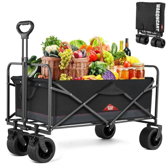 UPGO Collapsible Foldable Wagon with 330lbs Weight Capacity, Heavy Duty Folding Utility Garden Cart with Big All-Terrain Beach Wheels & Drink Holders.Black