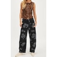 thumbnail image 5 of sicmoss Women's Black Y2K Distressed Barrel Jeans Baggy Wide Leg Floral Print Long with Patchwork, 5 of 6