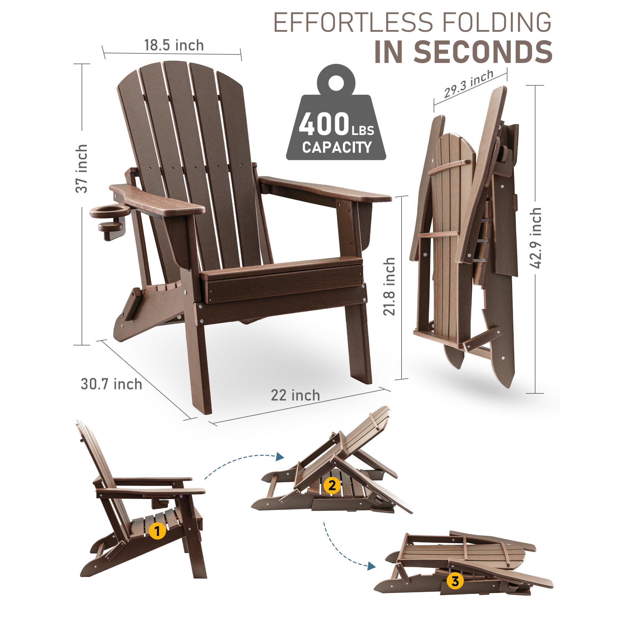 HDPE Folding Adirondack Chair with Cup Holder,Weather-Resistant, Low Maintenance,Supports up to 400lbs,Coffee,1 Pack