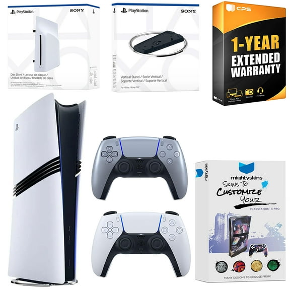 Sony PlayStation 5 Pro Digital Bundle with Disc Drive, Extra Controller, Vertical Stand, MightySkins Voucher and 1 Year Extended Warranty - Sterling Silver