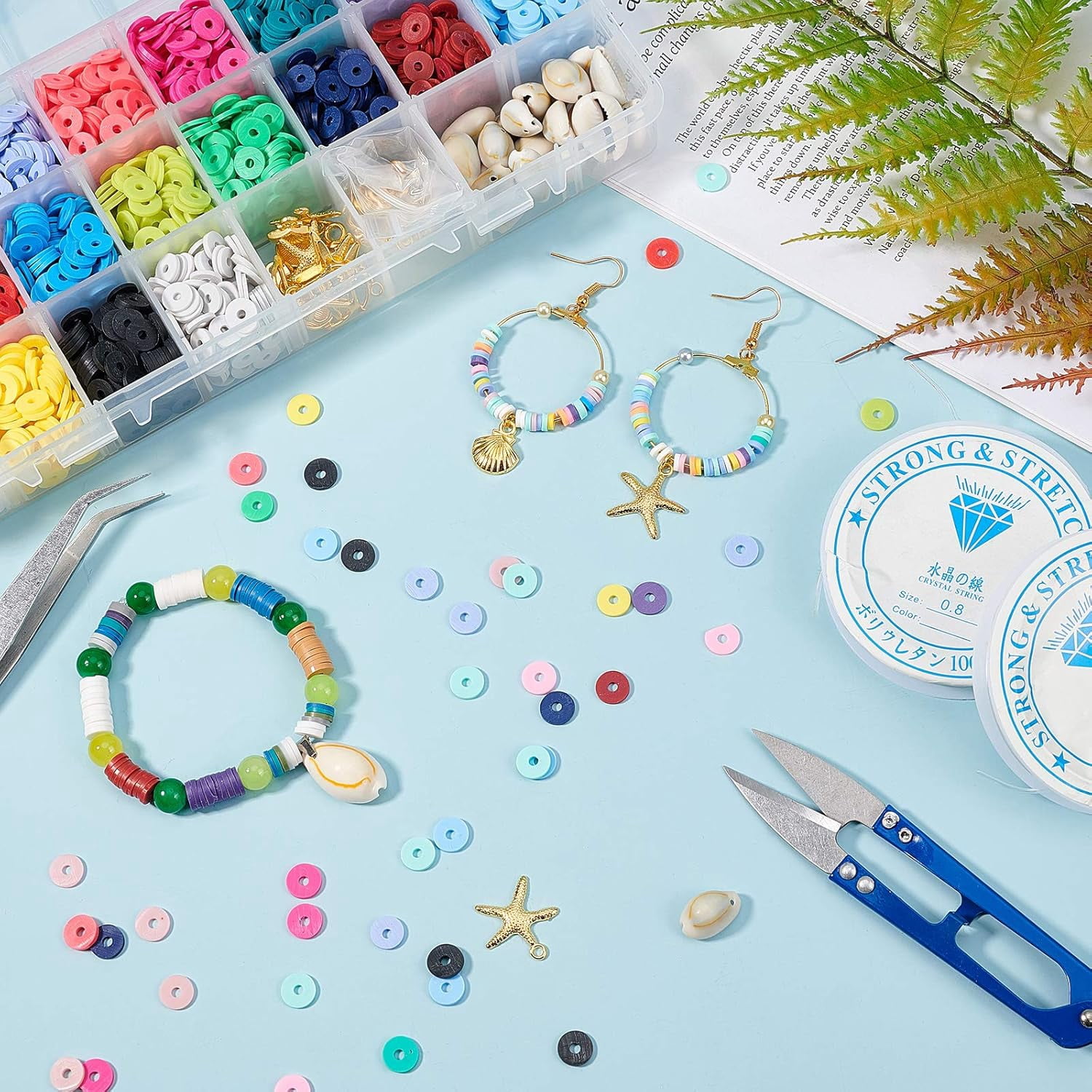 Handmade Polymer Clay Beads 4000 Pcs 20 Colors Flat Round Spacer Beads with Alloy Pendants and Cowrie Shell Beads for DIY Jewelry Necklace Bracelet Earring Craft Making