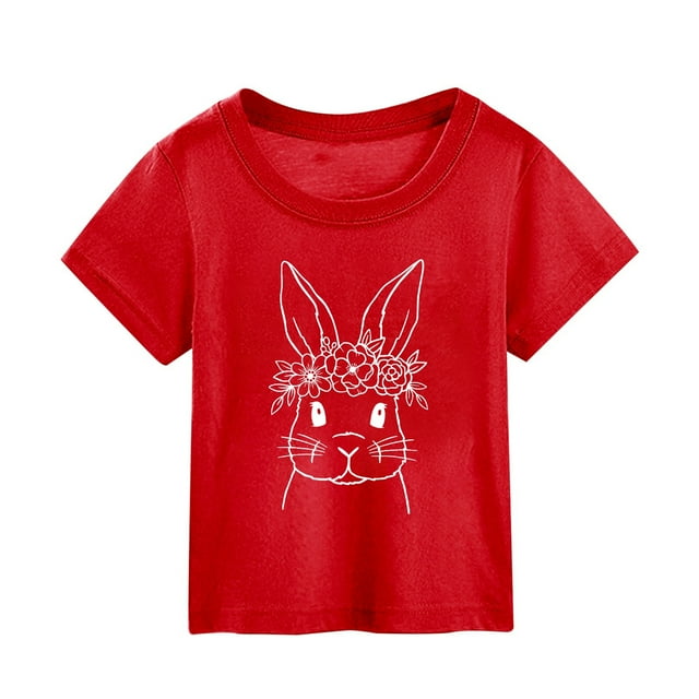 MIASHUI T-Shirt à Manches Courtes pour Tout-Petits, Imprimé Lapin de Pâques, Rouge, 5-6 Ans