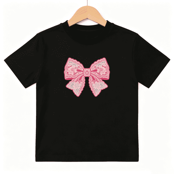 Pink Lace Bow Girls Graphic Tee, Cute Princess Ribbon Retro 100% Cotton Kids Short Sleeve T-Shirt