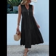 thumbnail image 4 of Vestido Informal para Mujer, Sin Mangas, Cuello en V, Botones, para Playa, con Volantes Escalonados, Falda , Vestidos Midi. Negro M, 4 of 9
