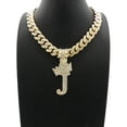 thumbnail image 2 of Stone Stud Crowned Initial Pendant with 12mm 18" Iced Out Miami Cuban Chain Necklace in Gold-Tone, Letter J, 2 of 4