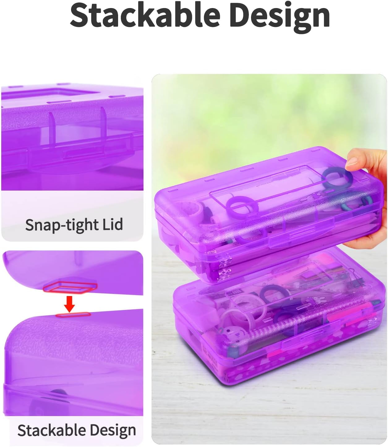 Uiz Merueh 6 Pack Plastic Pencil Box Clear Pencil Case with Lid Bulk Snap Closure Hard Large Capacity Pencil Box Pen Pencil Holder Storage Organizer Box