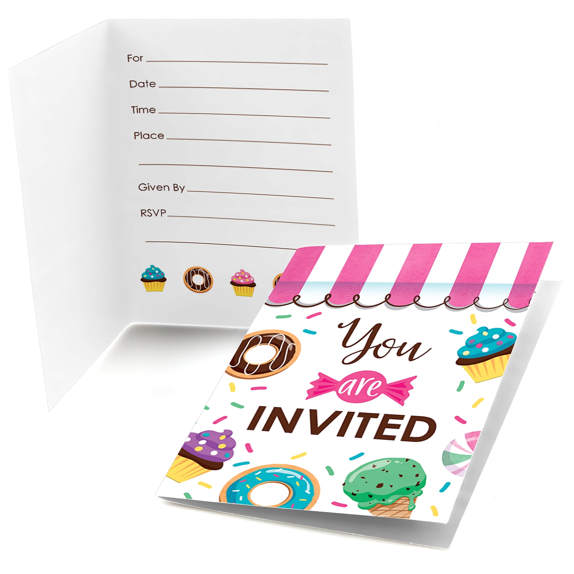 Sweet Shoppe - Fill In Candy and Bakery Birthday Party or Baby Shower Invitations (8 count)