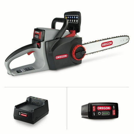 Oregon 40V Max CS300 Chain Saw Kit with 4.0 Ah Battery Pack and Standard Charger. The CS300 Self-Sharpening Cordless Chainsaw cuts trees and limbs quickly and easily, tackling even the toughest jobs