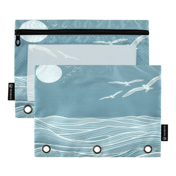 Wave Seagull Line Art 2 Pack Pencil Pouch for 3 Ring Binder Smooth Zipper Folders with Pockets Clear Window Pencil Case