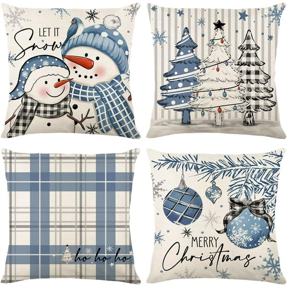 Christmas Pillow Covers Set of 4 for Xmas Decorative Pillowcase Winter Holiday Throw Cushion Case for Home Christmas Decor (Snowman Xmas Tree) (Blue, 18”x18“)