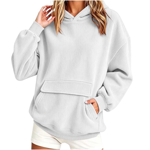 Timegard Hoodies for Women Corduroy Drop Shoulder Long Sleeve Sweatshirts Vintage Fashion Solid Color Pullover Pocket