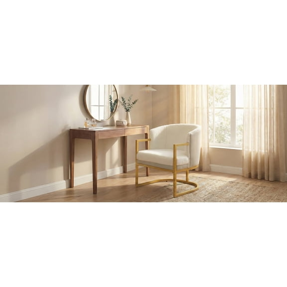 LiviNest Compact Faux Fur Accent Chair: 330lbs Support & Ergonomic Backrest - 3-Sq-Ft Cozy Corner for Reading & Relaxation in Bedroom Living Room Office - Beige with Gold Metal Frame