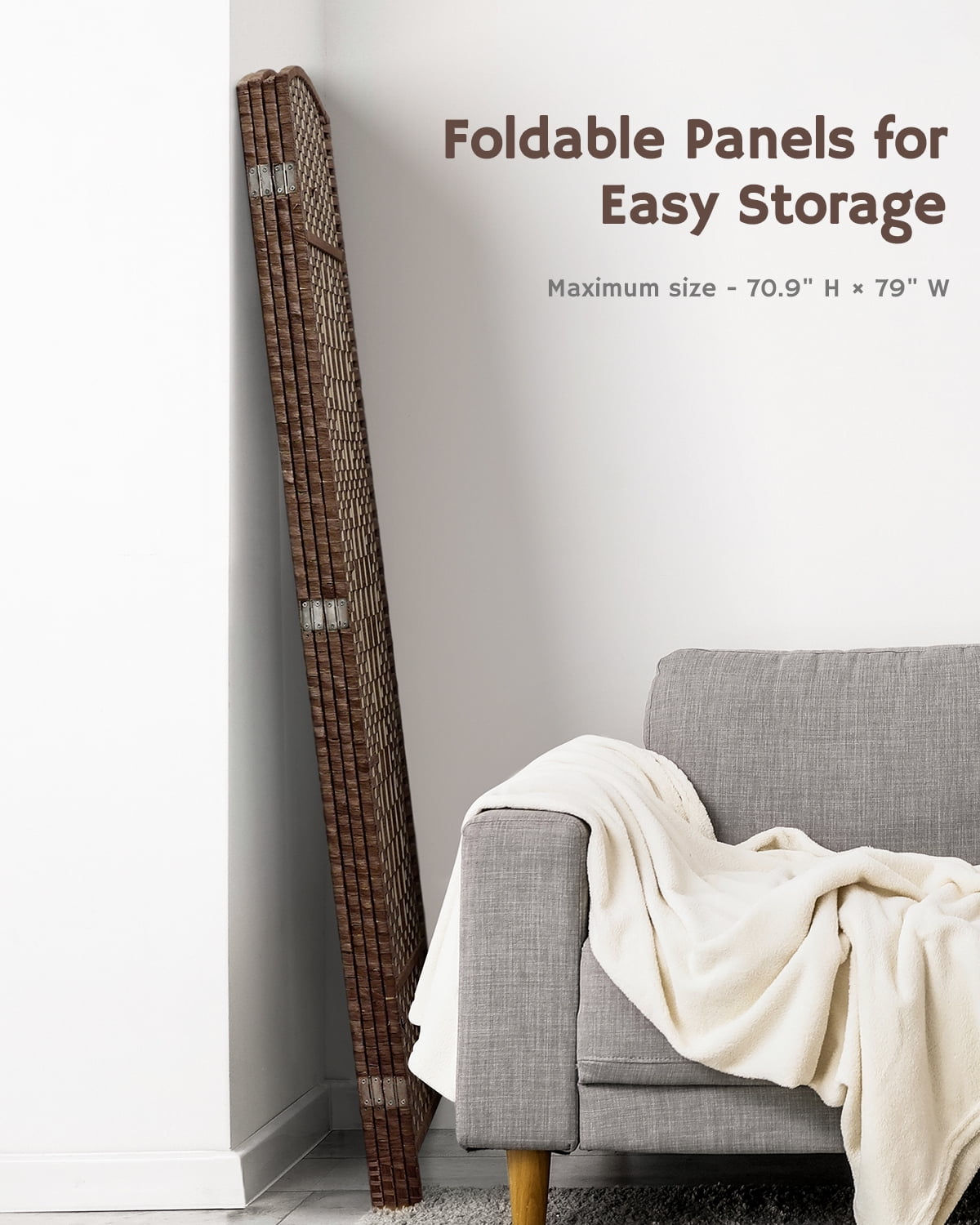 Jostyle 6ft Tall Room Divider with Hand-Woven Design, 4-Panel Folding Privacy Screen Freestanding Mocha