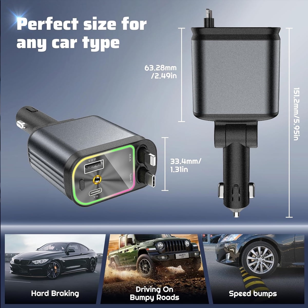 4 in 1 Retractable Car Charger with Projection Star Light, Car Accessories, 2 Fast Charging cables&Dual Charge Port Compatible with iPhone/iPad/AirPods, Samsung Series, Electronic Retract