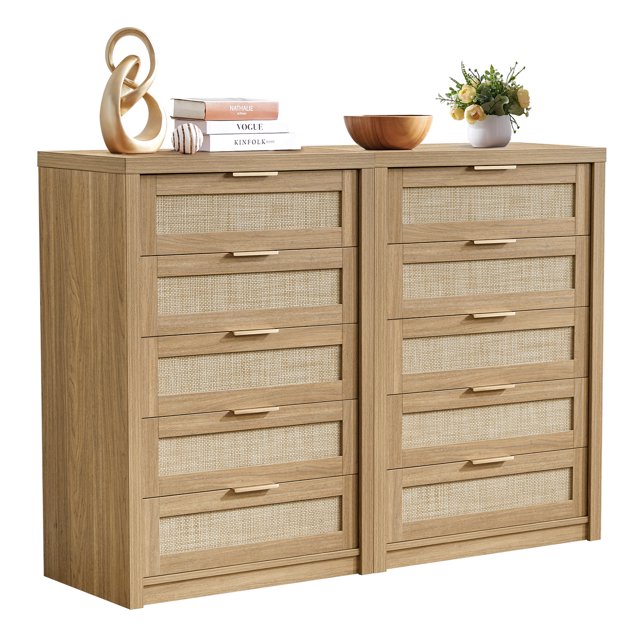 OAKHAM Commode 5 Tiroirs, Grand Commode en Rotin pour Chambre Salon, Ensemble de 2, Chêne Vieilli