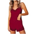 thumbnail image 1 of Conjunto de pijama sexy de encaje liso para mujer, con camisola y pantalones cortos, 2 piezas, tirantes ajustables, 1 of 5